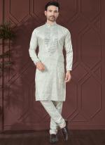 Pure Silk Light Grey Ceremonial Wear Embroidery Work Readymade Kurta Pajama